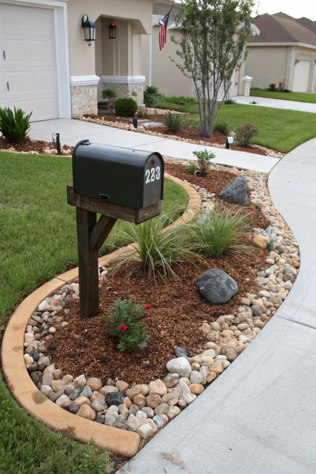 Mulch combined with decorative stones provides a well-kept, easy-care mailbox setting
