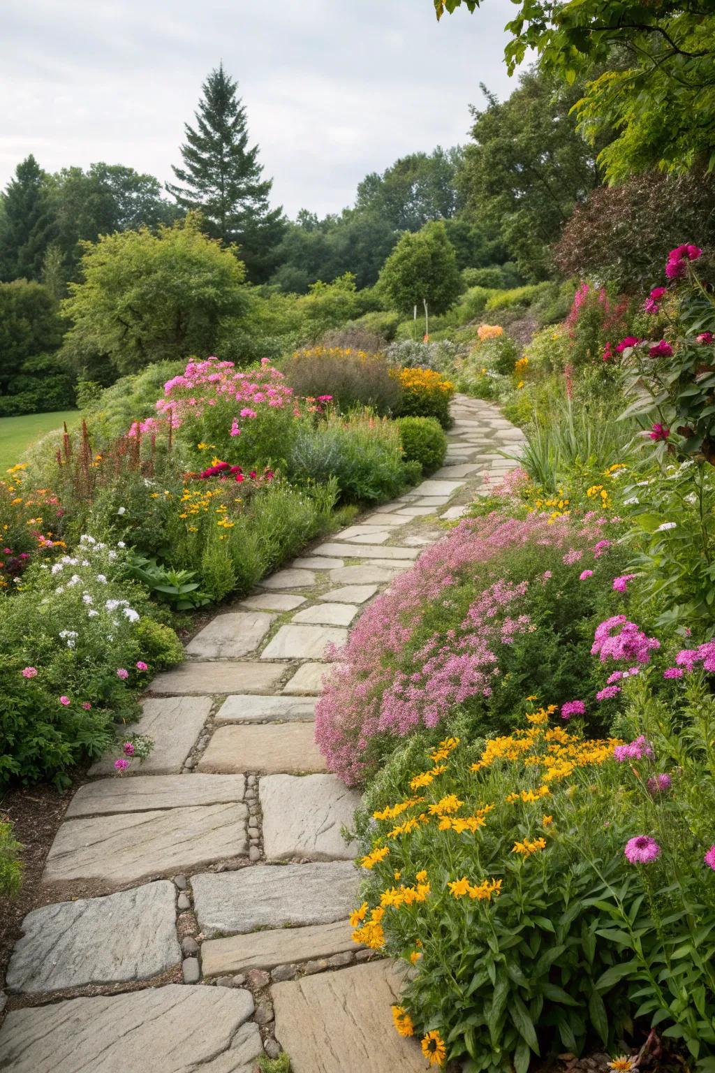 An enchanting stone walkway amidst a perennial paradise.