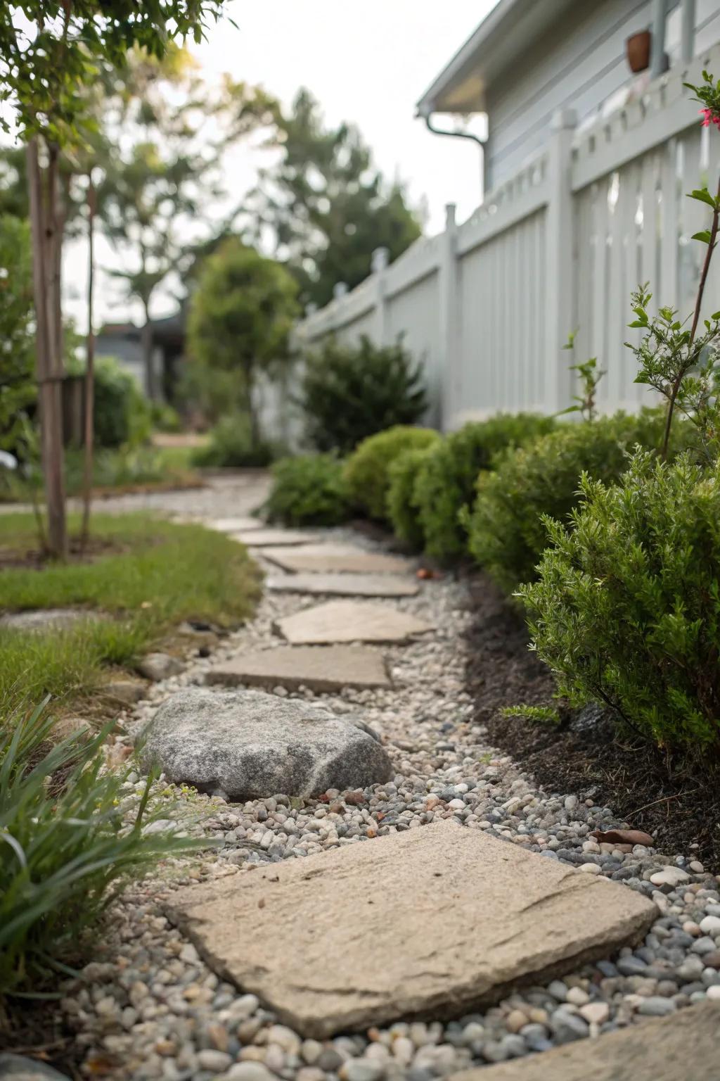 Stepping stones laid in gravel offer a tidy and easy-to-maintain path.