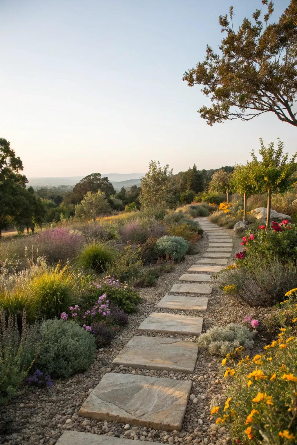 A clearly defined walkway edged with stones adds arrangement and sophistication.
