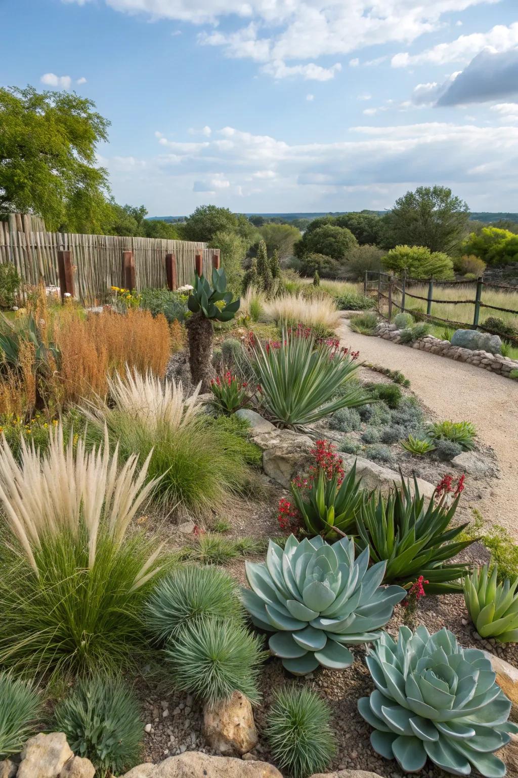 Plants like rosettes and local grasses that resist drought conditions do remarkably well in Texan gardens.