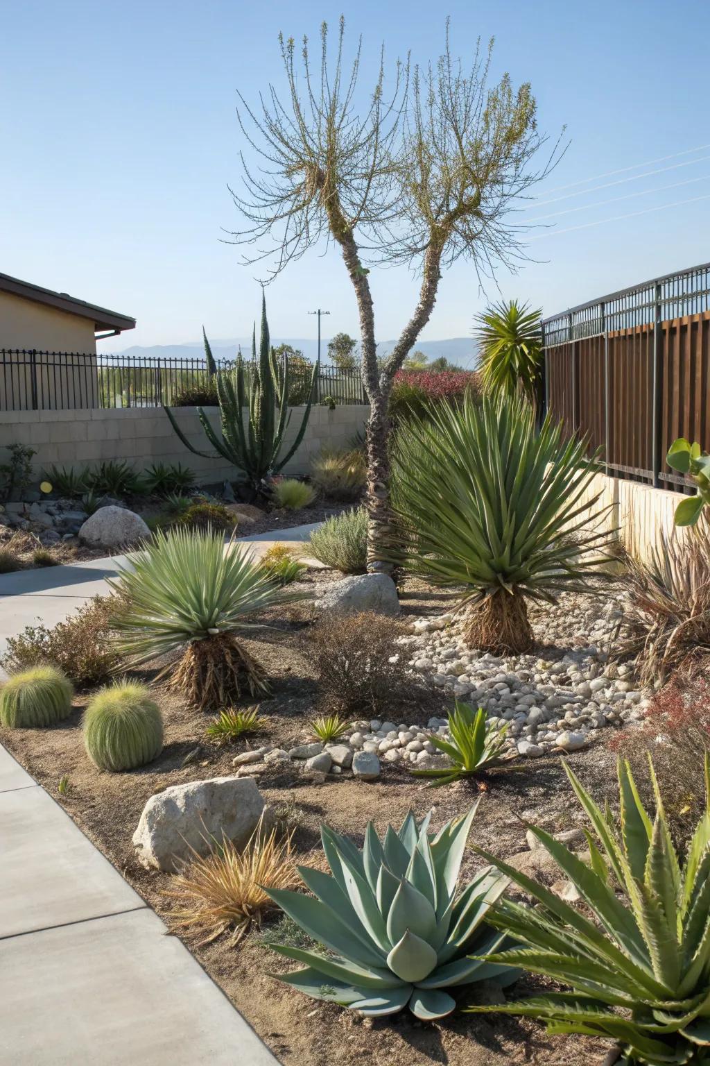 Native agaves and yuccas add structure and sustainability to a xeriscape front yard.