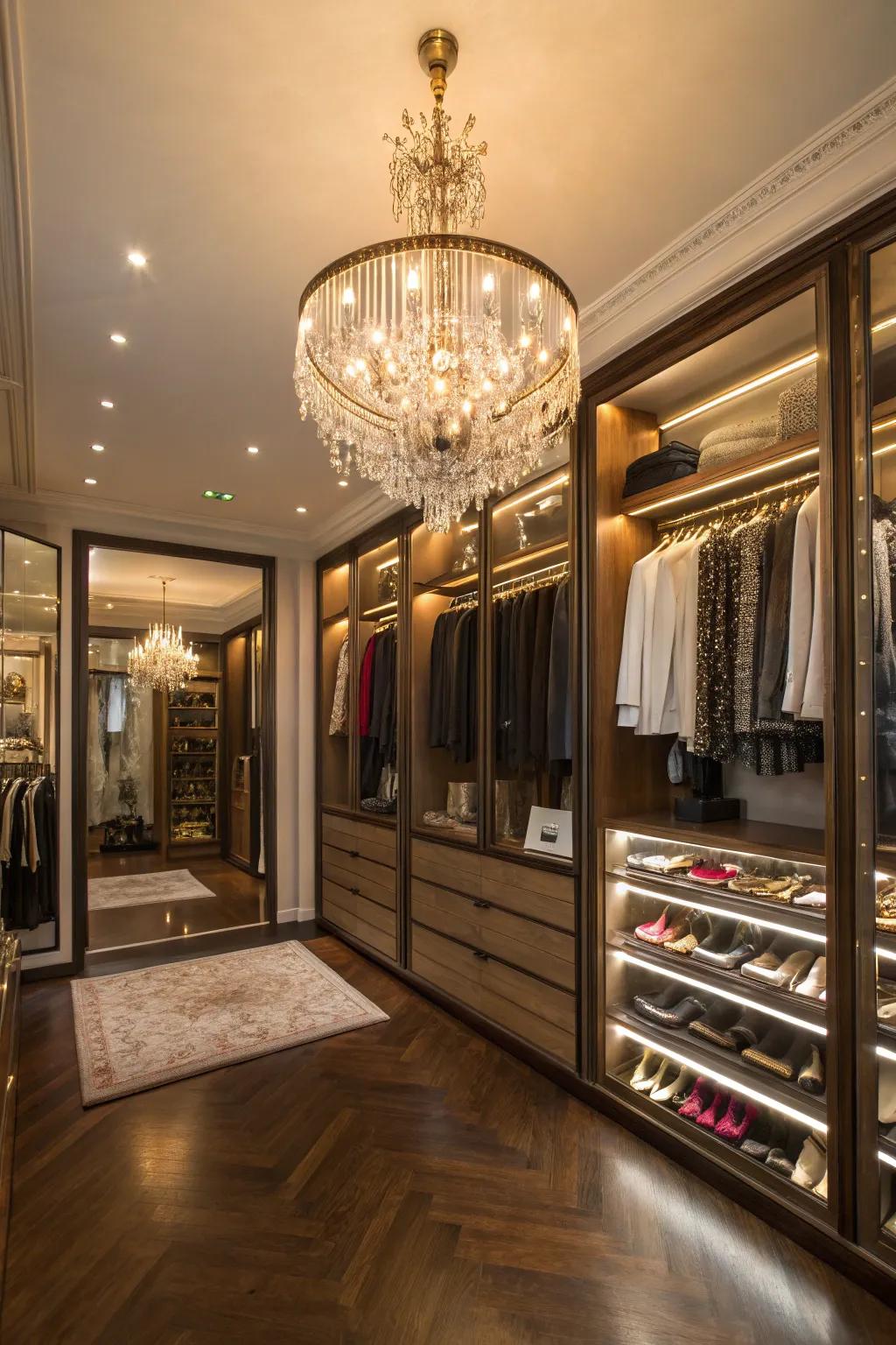 A breathtaking chandelier serving as the main attraction in a luxury closet.