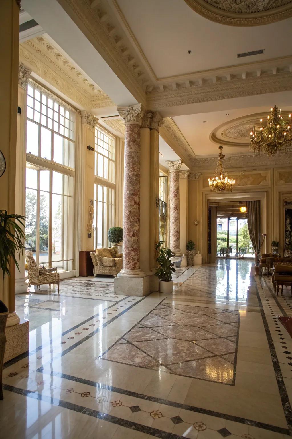 The enduring charm of polished marble flooring in a lavish entrance.