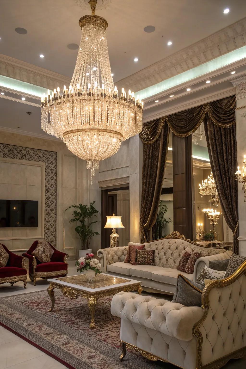 A stunning chandelier makes a splash as the center of attention in this glam living room.