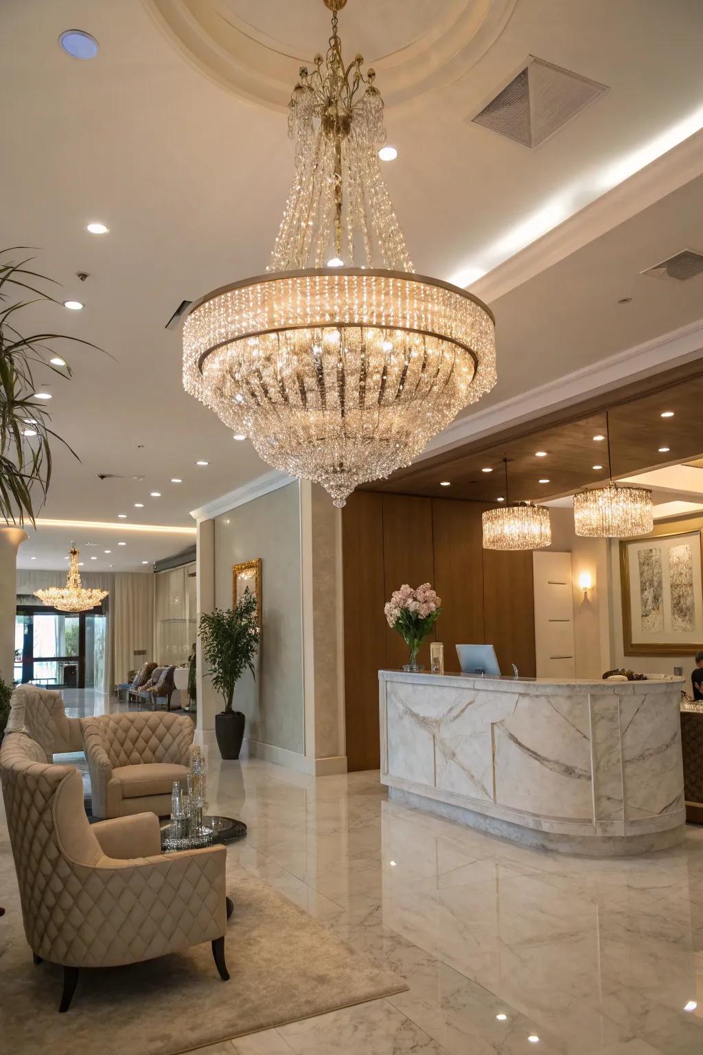The refined charm of a chandelier adds a note of extravagance.