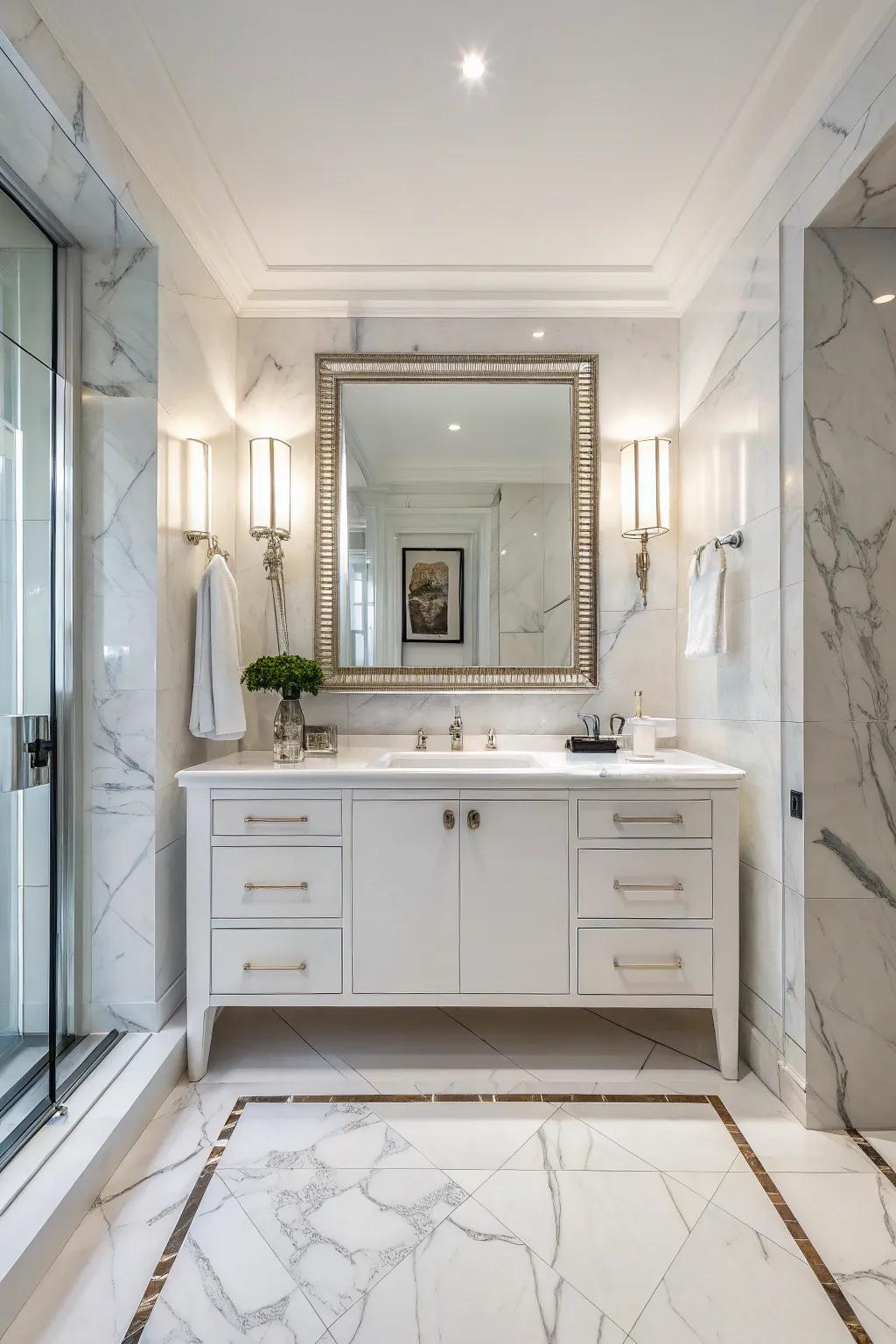 A bathroom styled with bright marble finishes for a classic vibe.