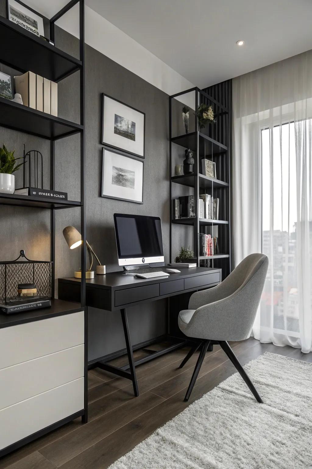 A streamlined, modern home office featuring a monochrome palette.