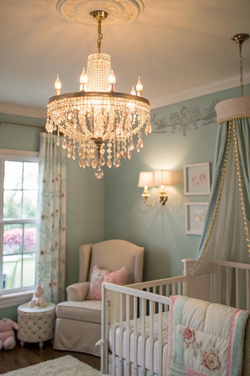 A nursery bathed in the glow of a magnificent chandelier, adding a dash of luxury.