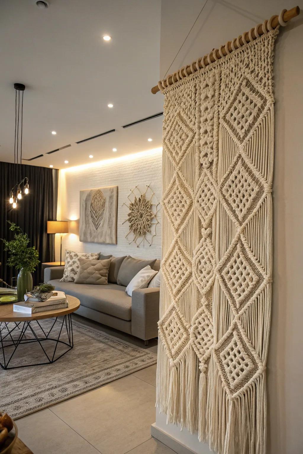 An impressive macrame wall hanging enhancing the elegance of a living space.