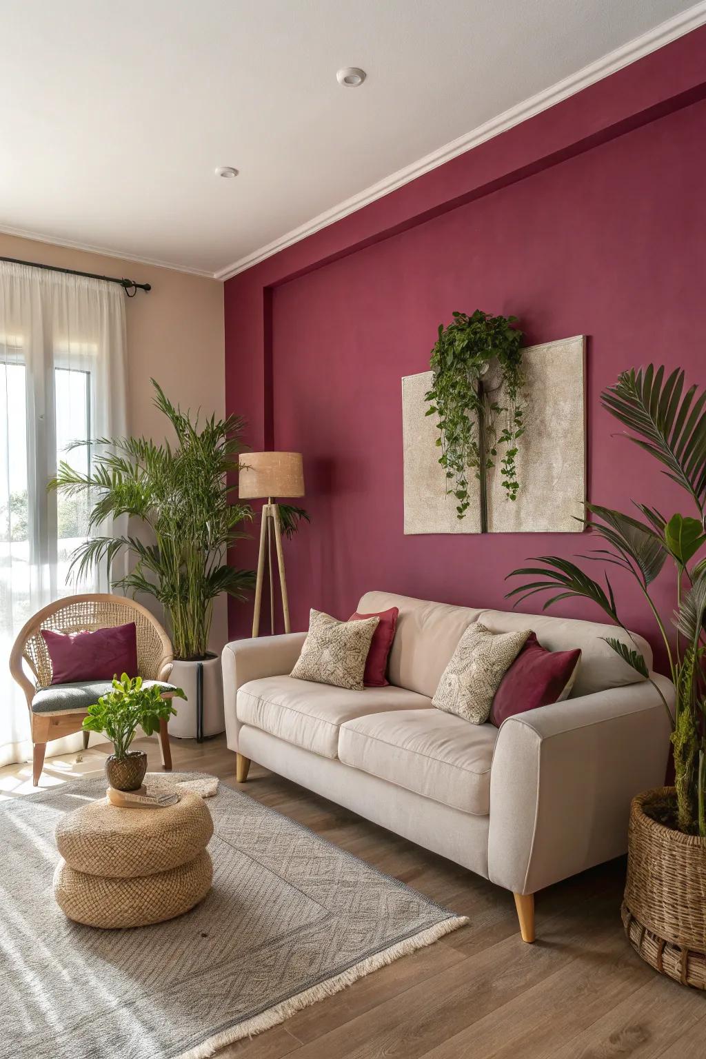 A magenta accent wall adds just the right amount of boldness to this cozy living room.