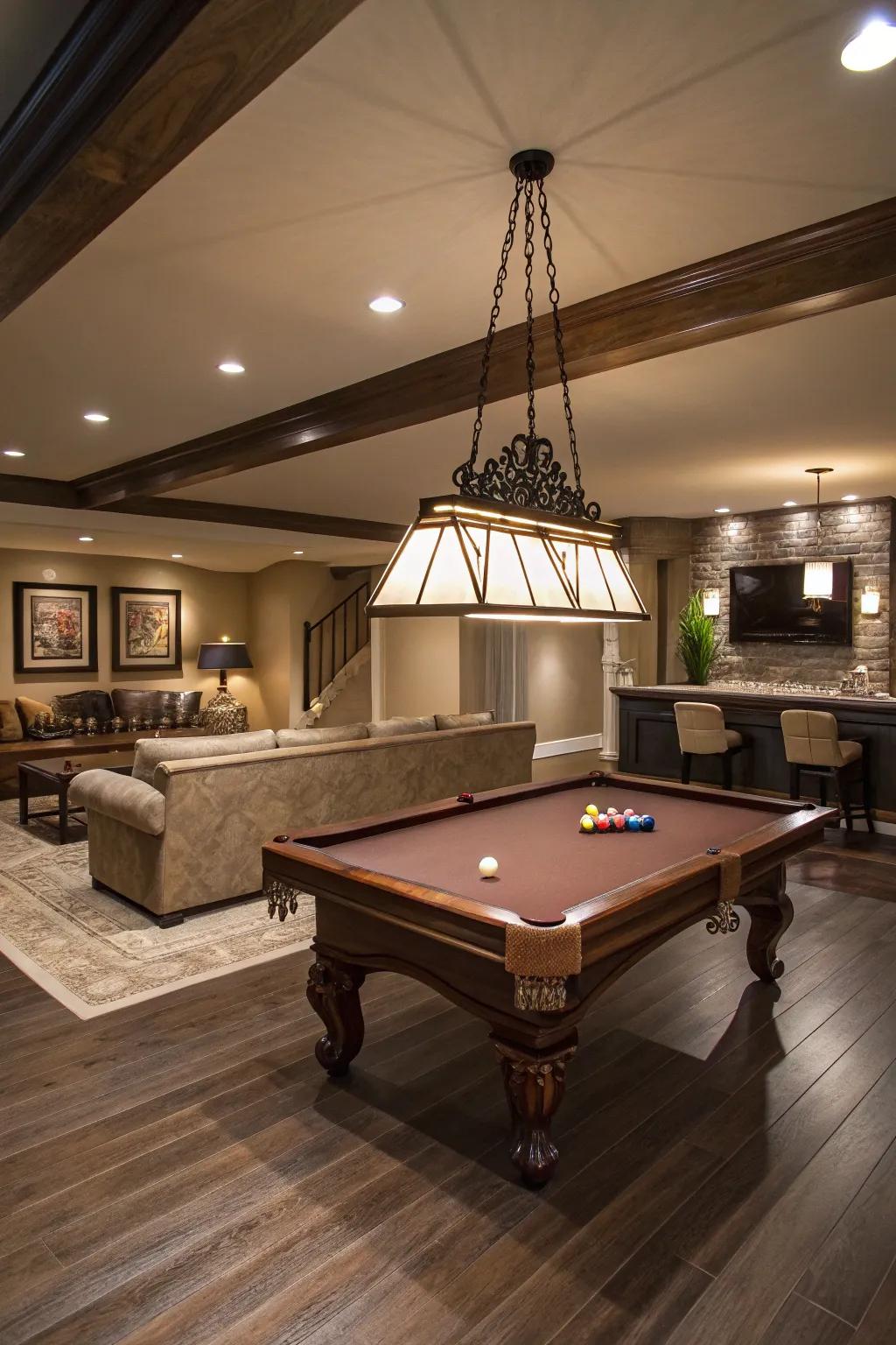 A quintessential game table introduces sophistication and entertainment to your underground man cave.