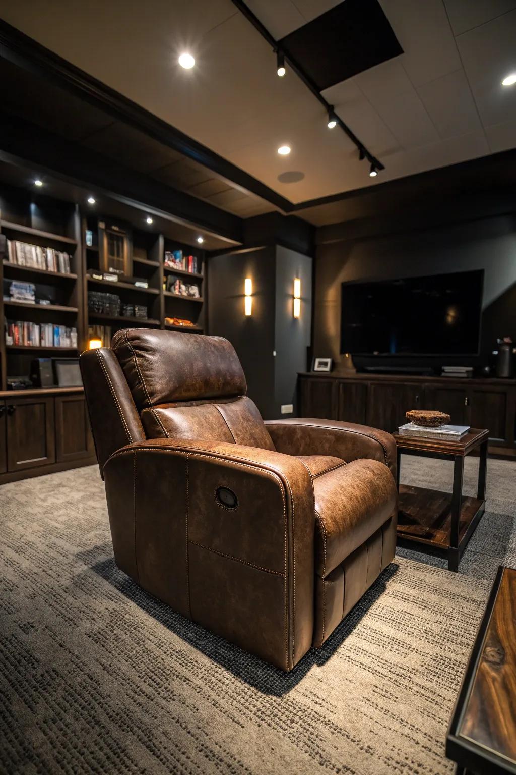A classic hide recliner adds elegance to your man cave.