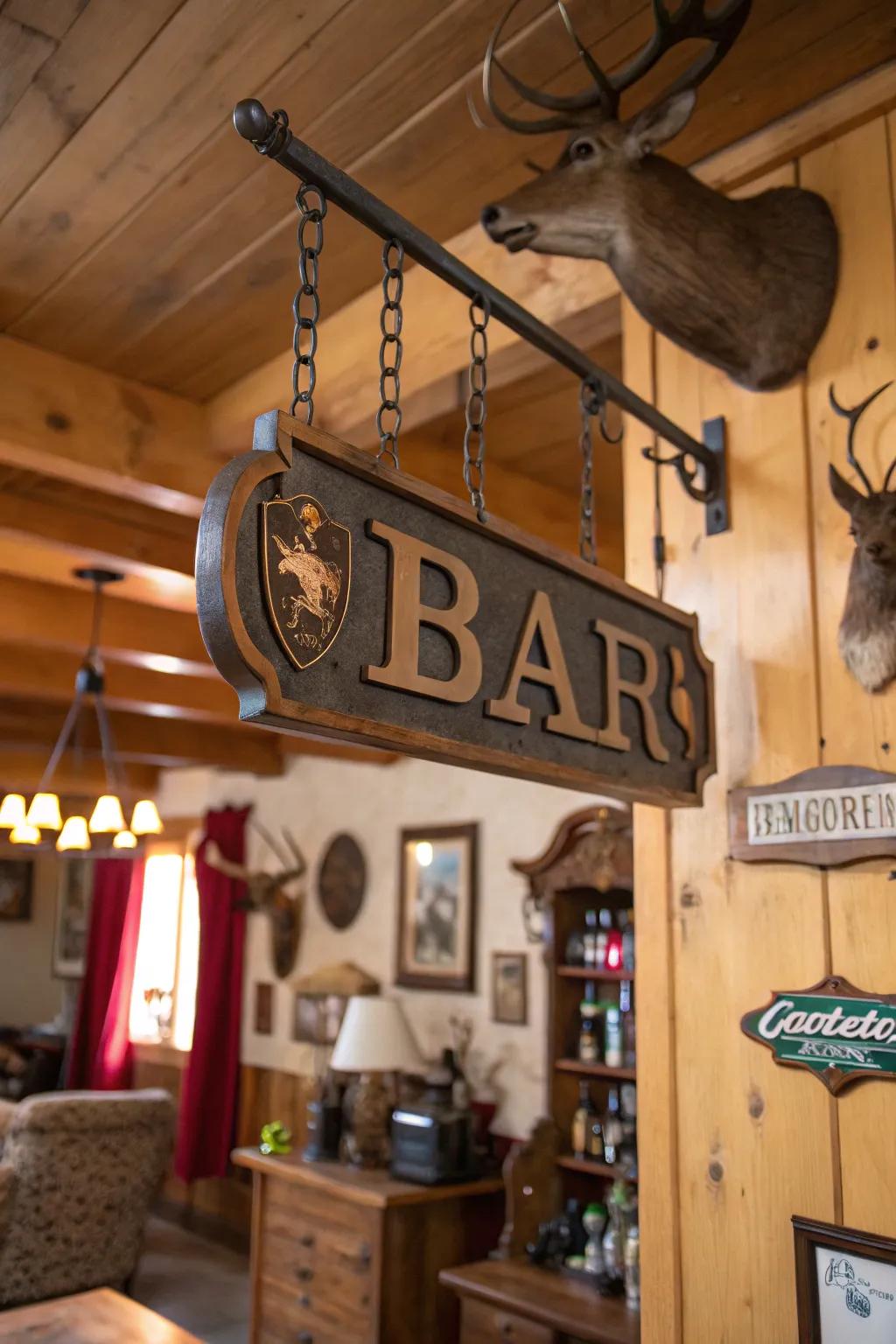A personalized metal bar sign enhances the man cave's vibe.