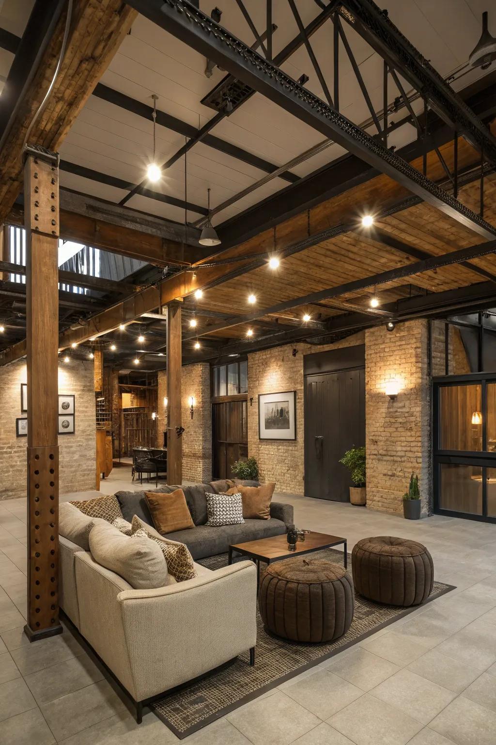 A blend of rustic and industrial components crafting a snug and welcoming loft setting.