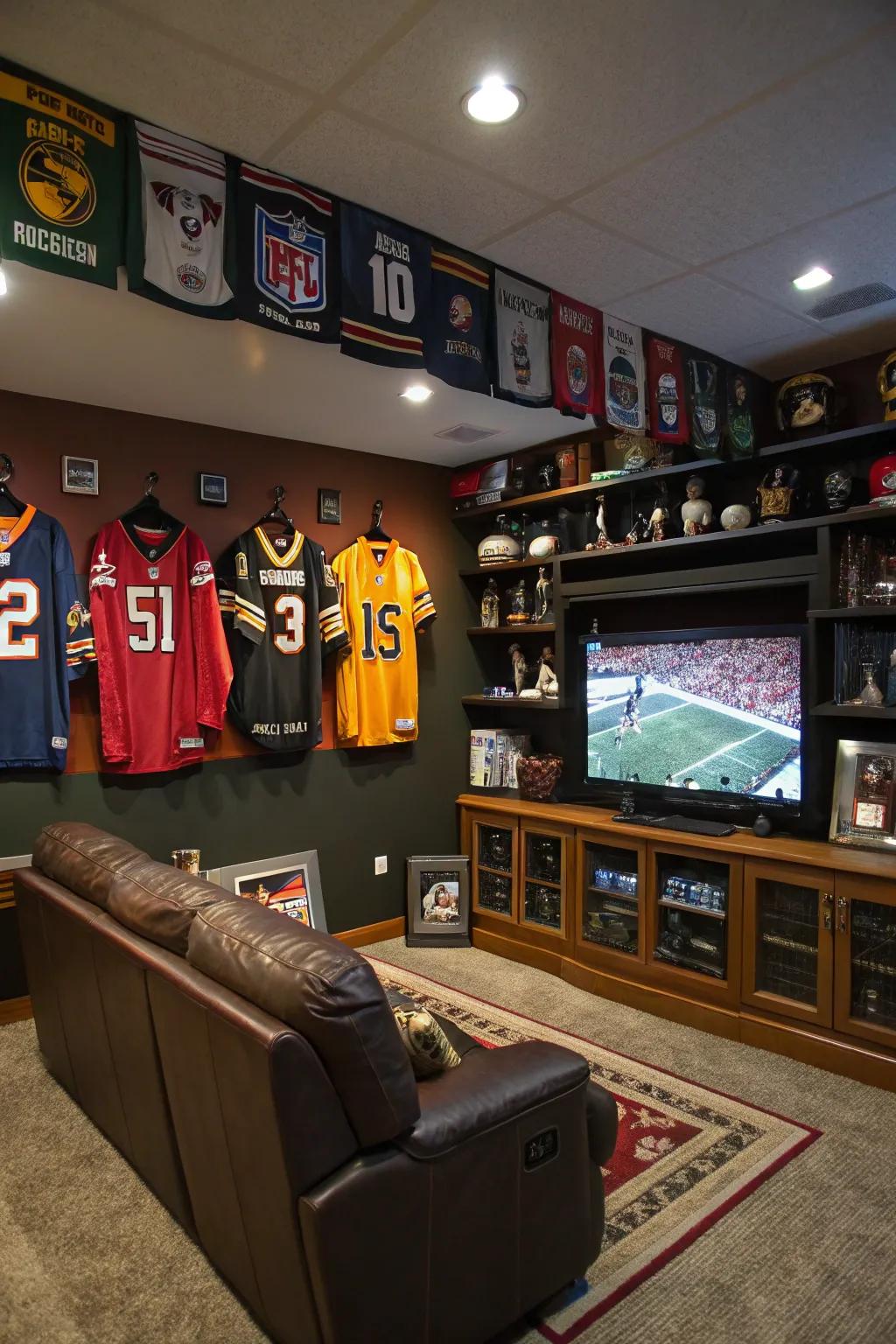 Immerse yourself in the thrill of a sports-themed man cave.