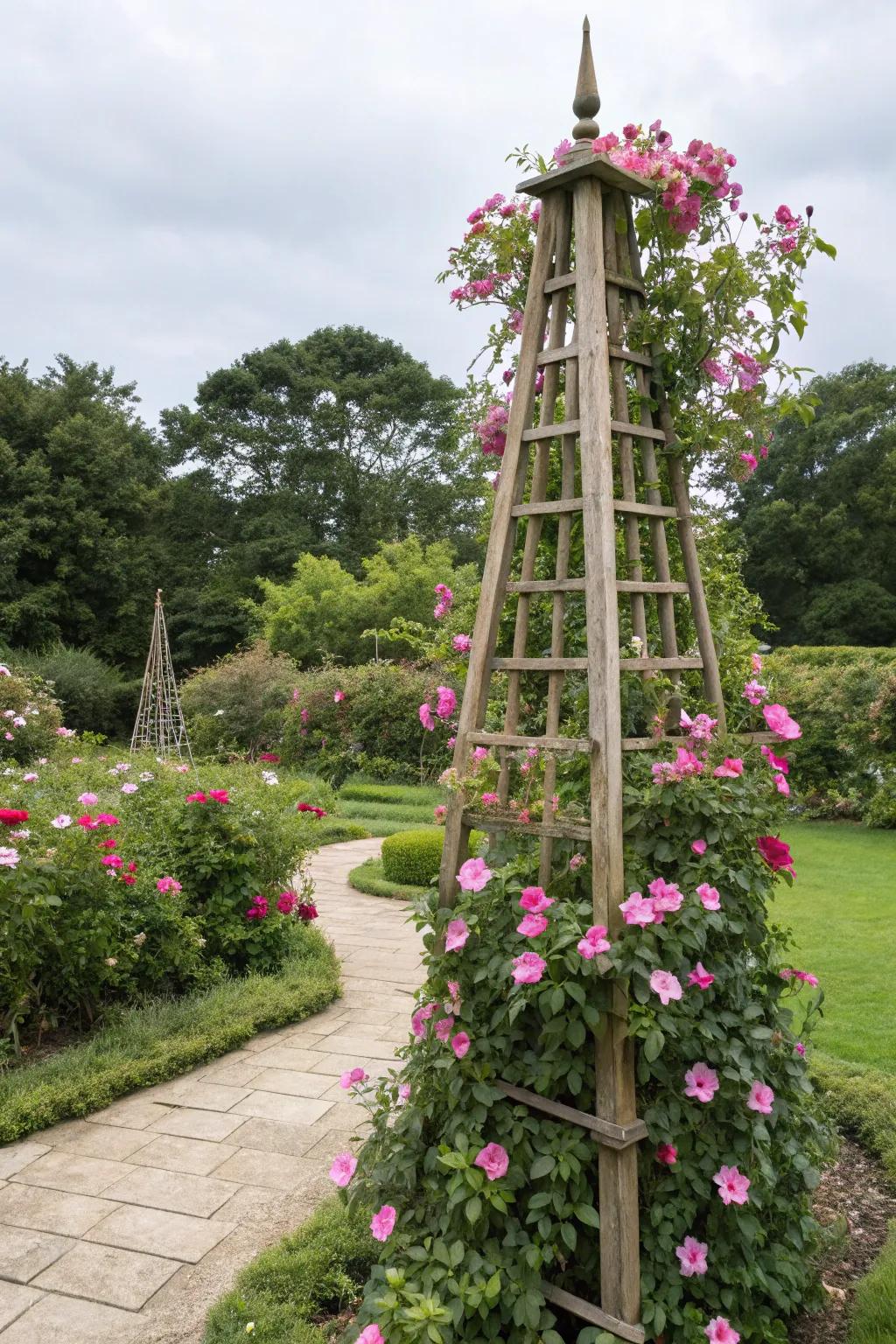 A traditional bamboo obelisk supports bright mandevilla blossoms, crafting a sophisticated garden focal point.