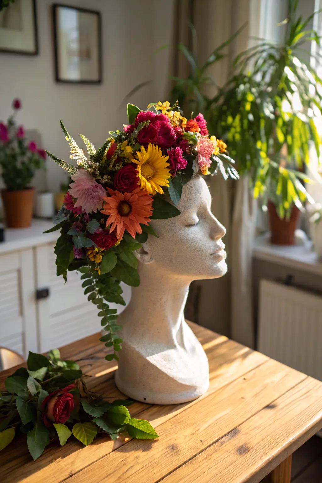 Floral accents on mannequin heads provide a natural touch to any area.