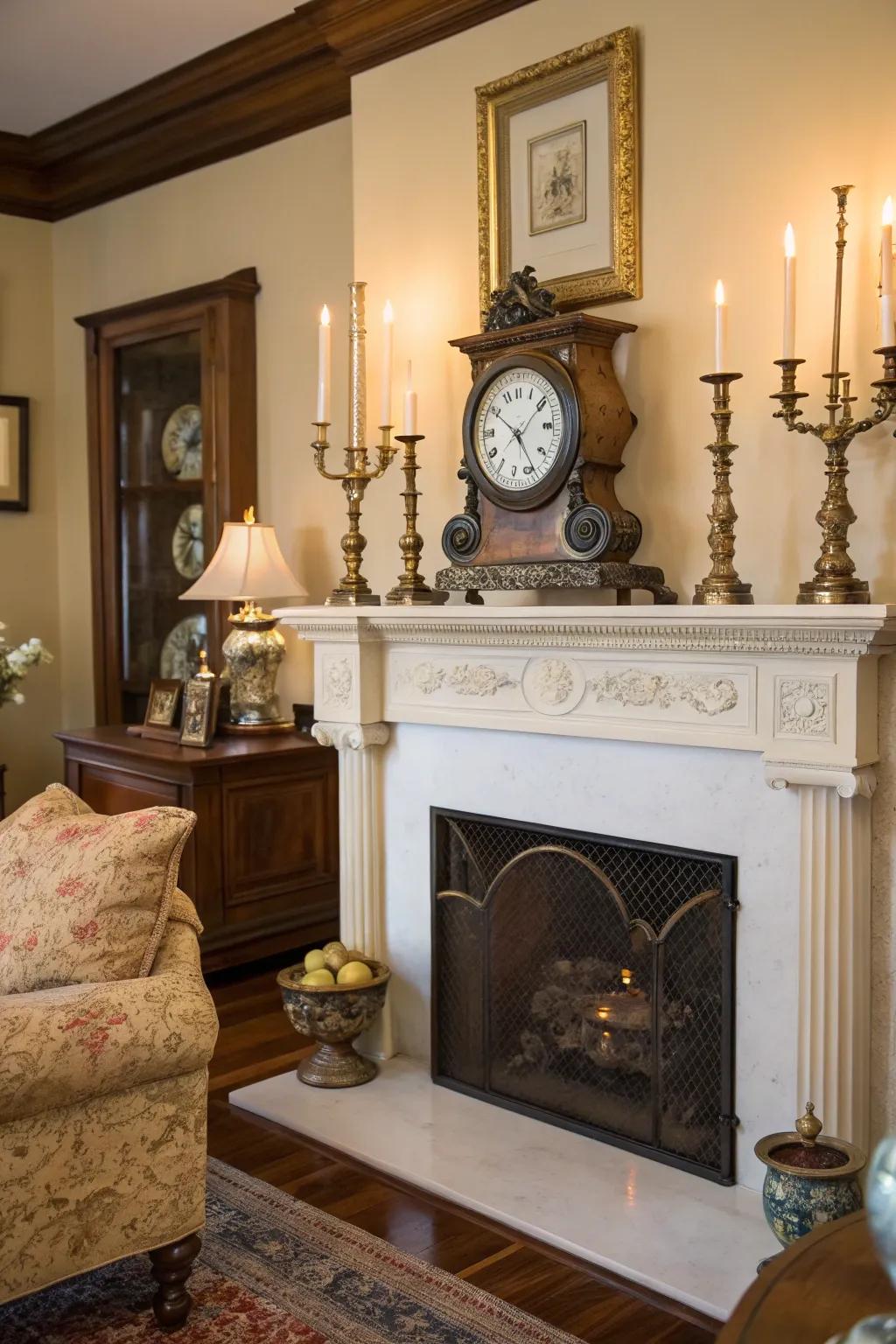 A classic display featuring a clock and ornate candle stands.