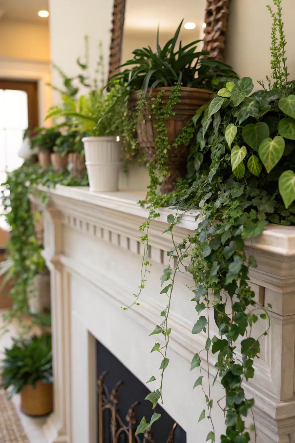 Lush greenery infuses a fresh and vibrant feel into this everyday mantel.