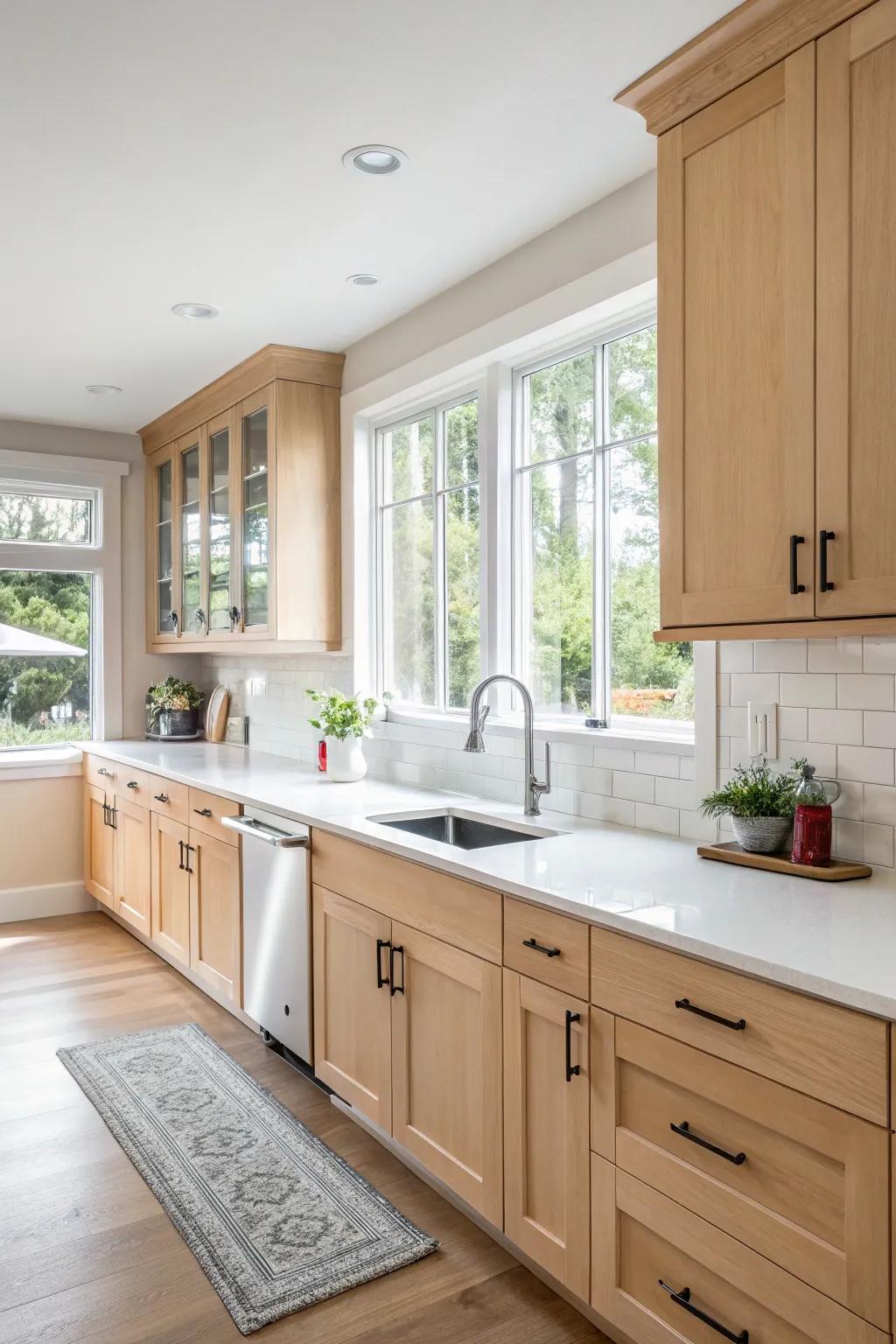 A sunny kitchen featuring pale maple cabinets, radiating warmth and elegance.