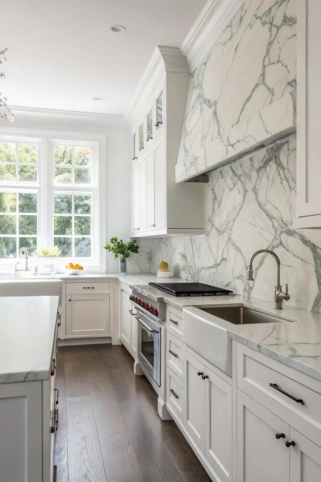 A kitchen featuring a classic white marble backsplash, exuding elegance and simplicity.