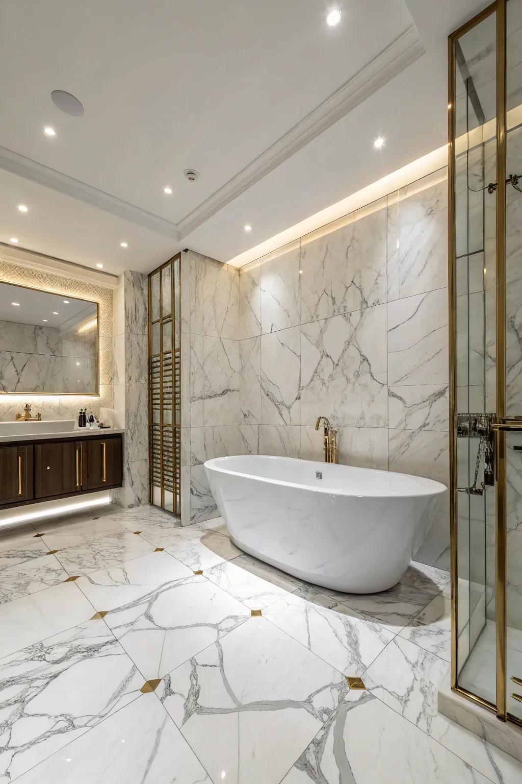 A freestanding marble bathtub is the centerpiece of this stylish bathroom.
