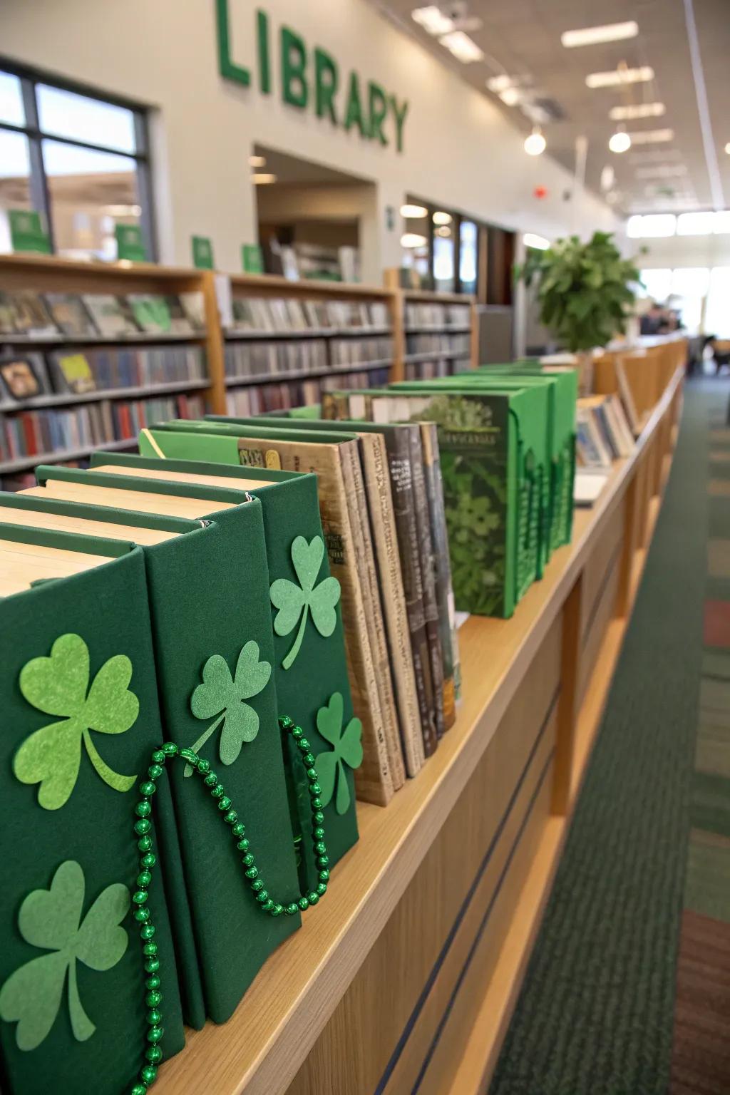 Books cloaked in green with shamrock embellishments for St. Patrick's Day.