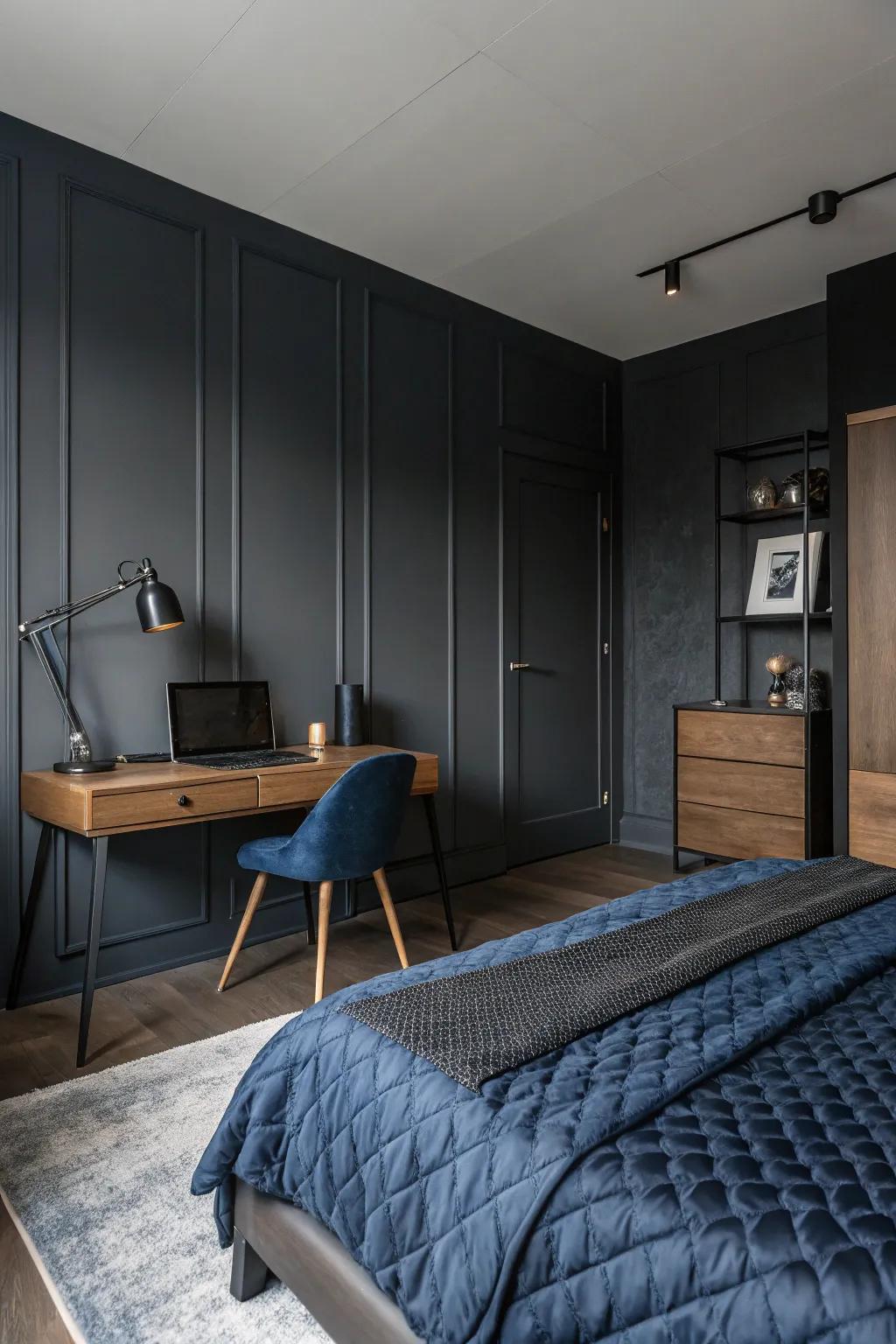Dark hues evoke a striking and calming setting, ideal for unwinding.