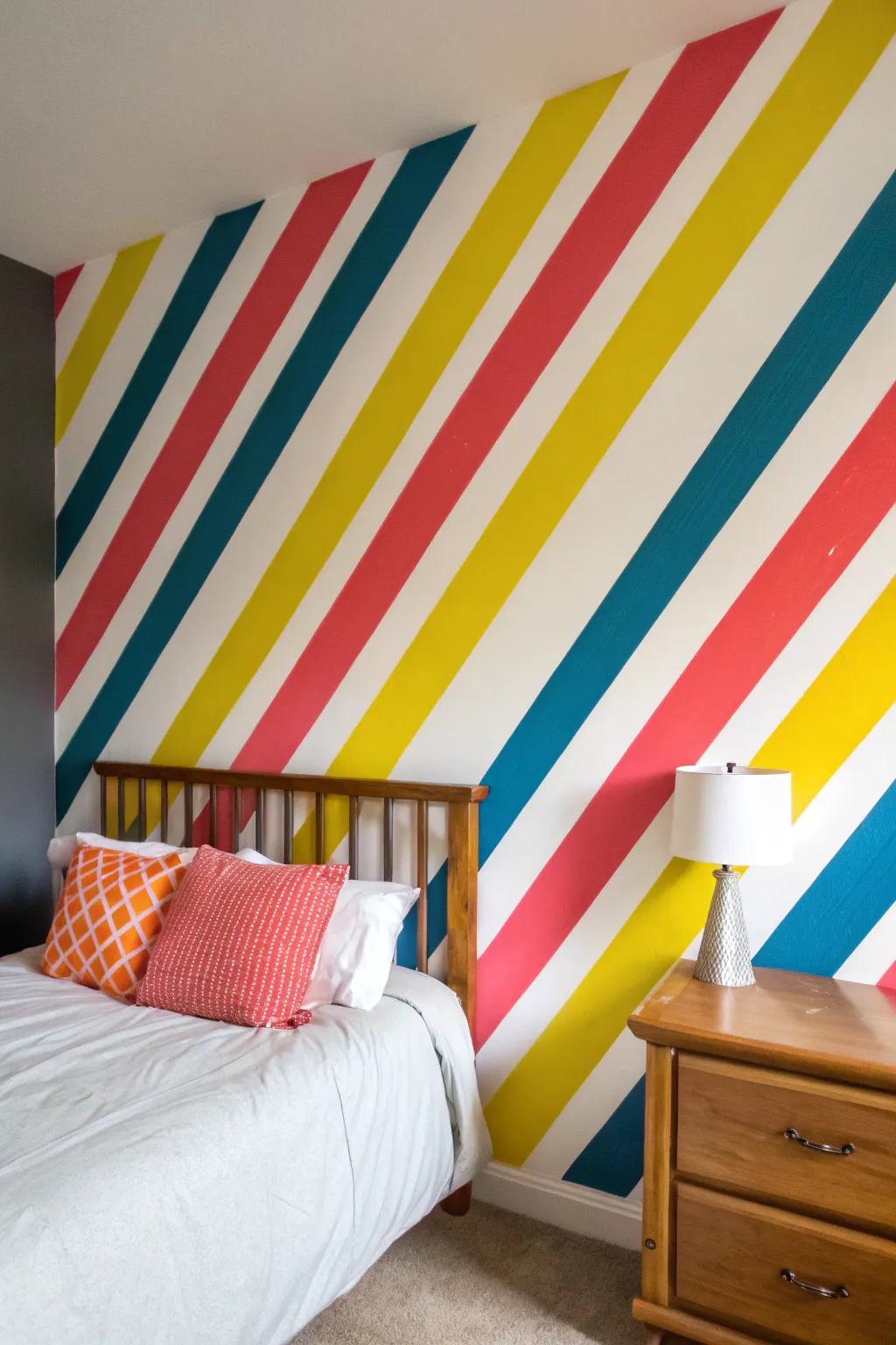 Energetic diagonal lines inject life into this bedroom