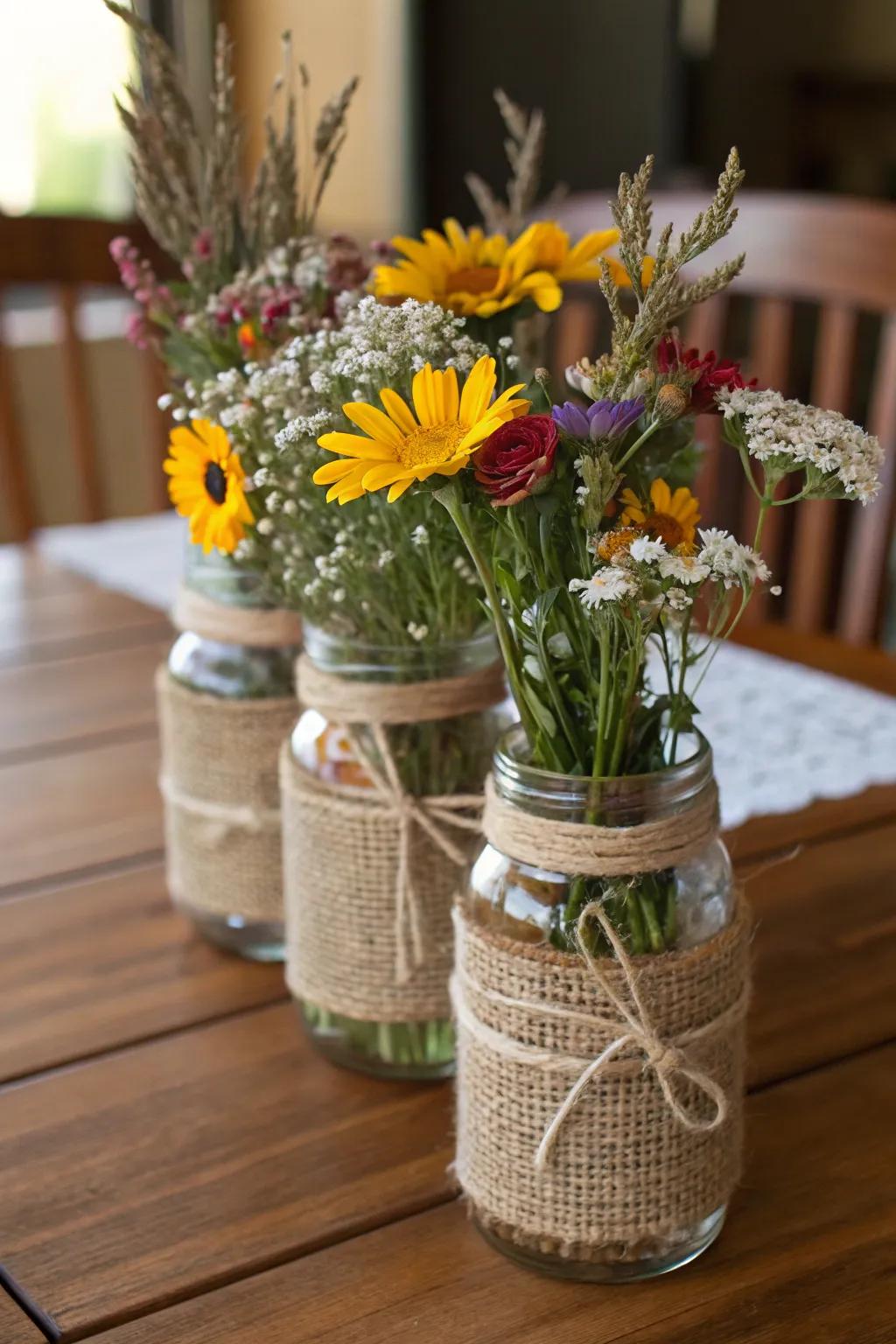 Rustic floral mason jar centerpieces wrapped in burlap and twine.