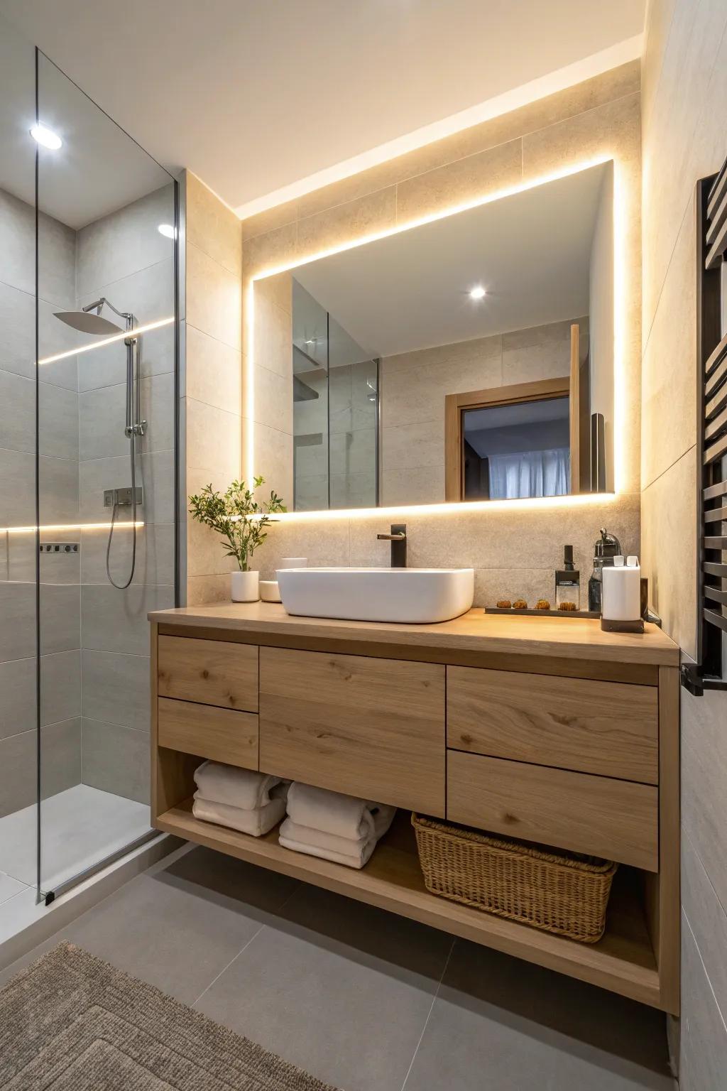 A bathroom showcasing a floating vanity with a light wood finish and elegant under glow lighting.