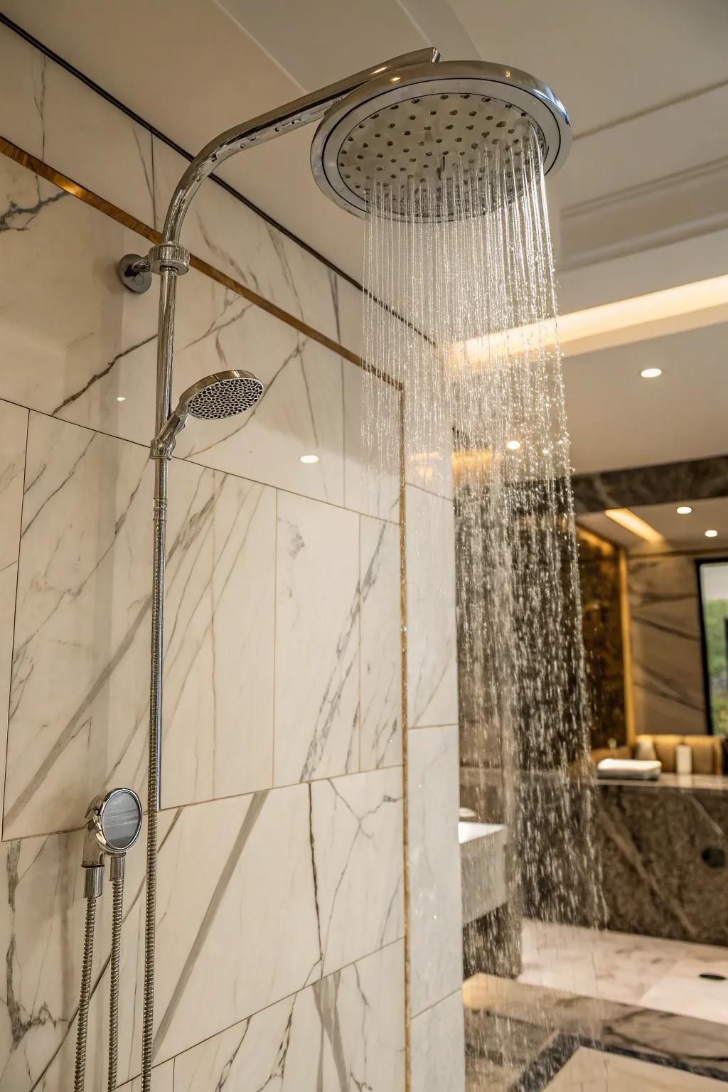 A shower showcased with pristine stone boards displaying subtle streaks, crafting a luxurious vibe.