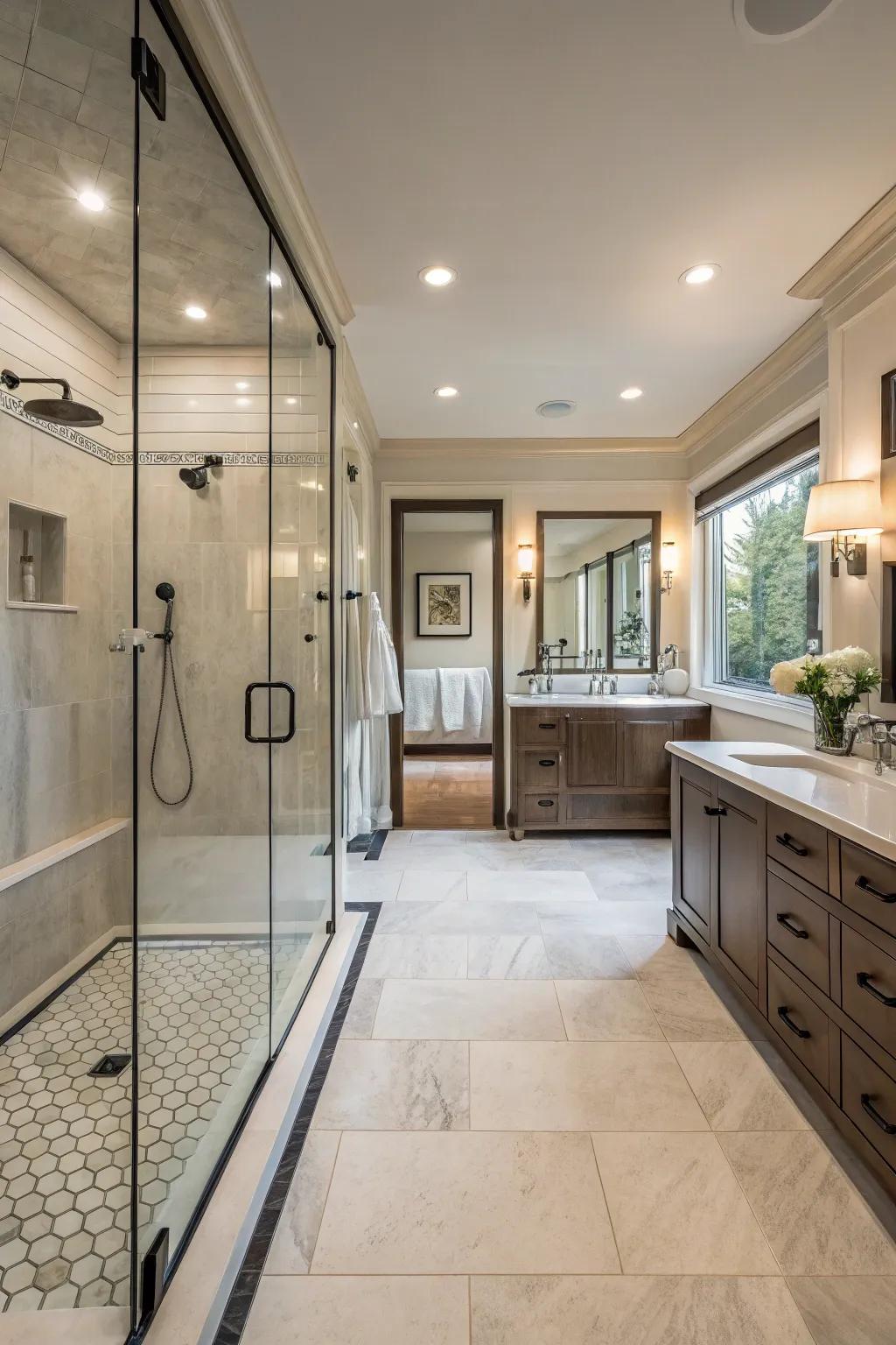 A generous walk-in shower focusing on luxury and peace.