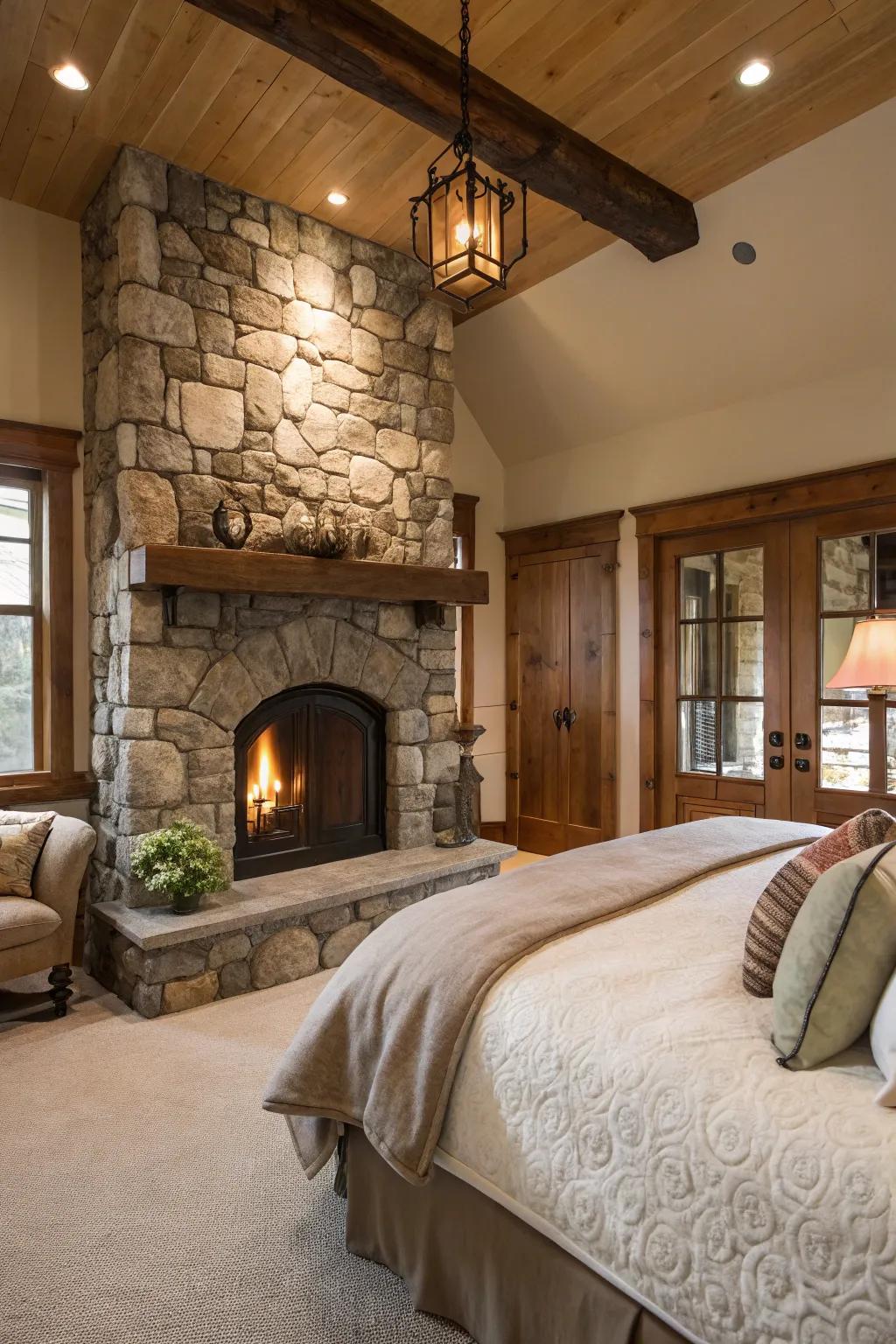 A classic stone fireplace adds timeless charm to any master bedroom.