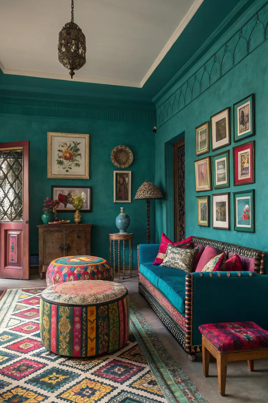 Rich aqua walls make a bold statement in this maximalist space.