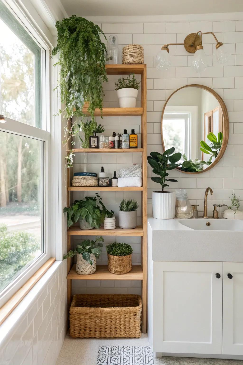 Open shelving is both good-looking and practical in a bathroom.