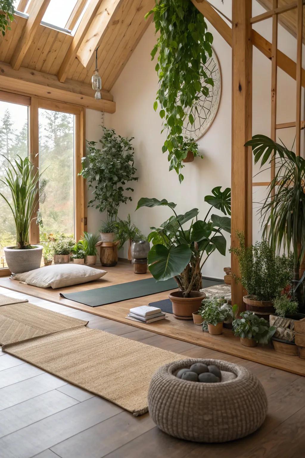 A meditation room enriched with vibrant greenery and natural wooden accents.