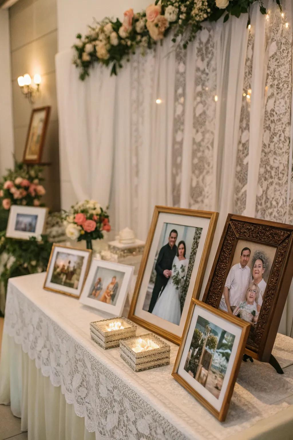 Photographs in frames gorgeously exhibited on a memorial display.