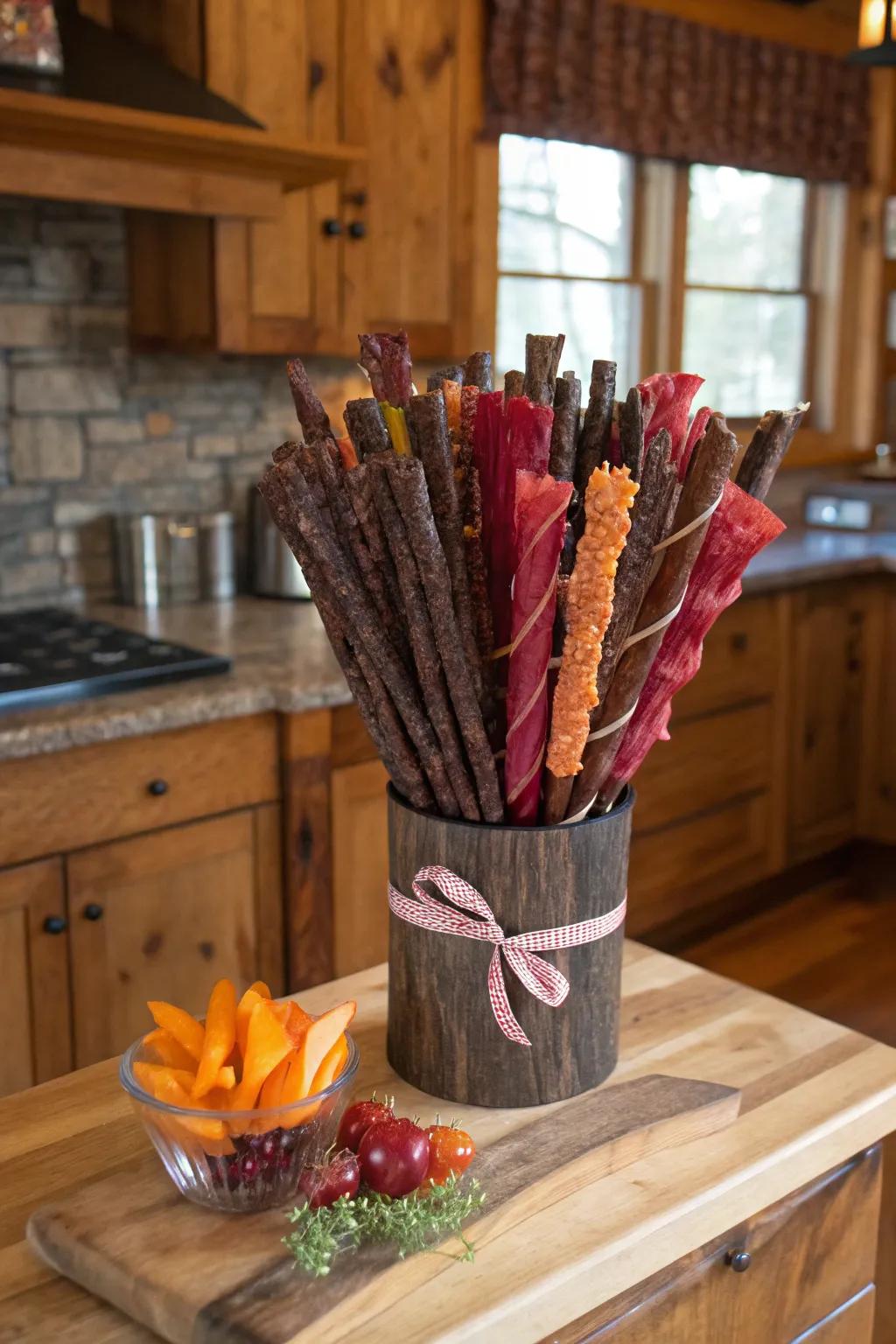 A savory beef jerky bouquet, perfect for the meat enthusiast.