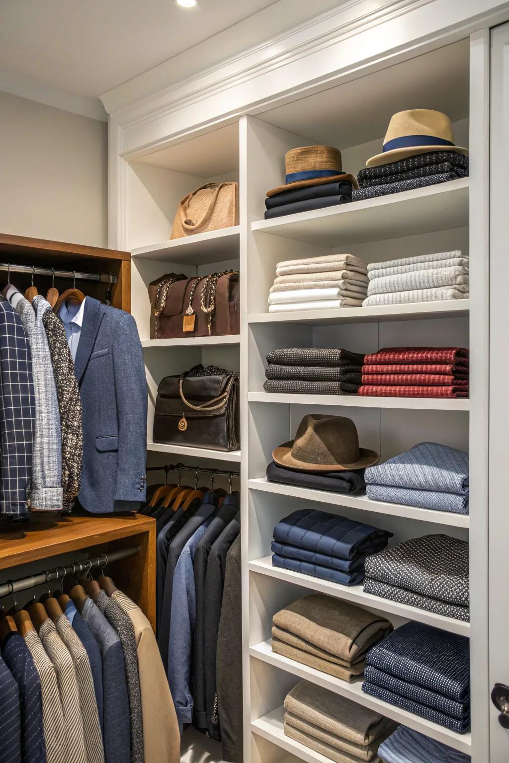Open shelving in a men's closet showcases a neatly arranged wardrobe.