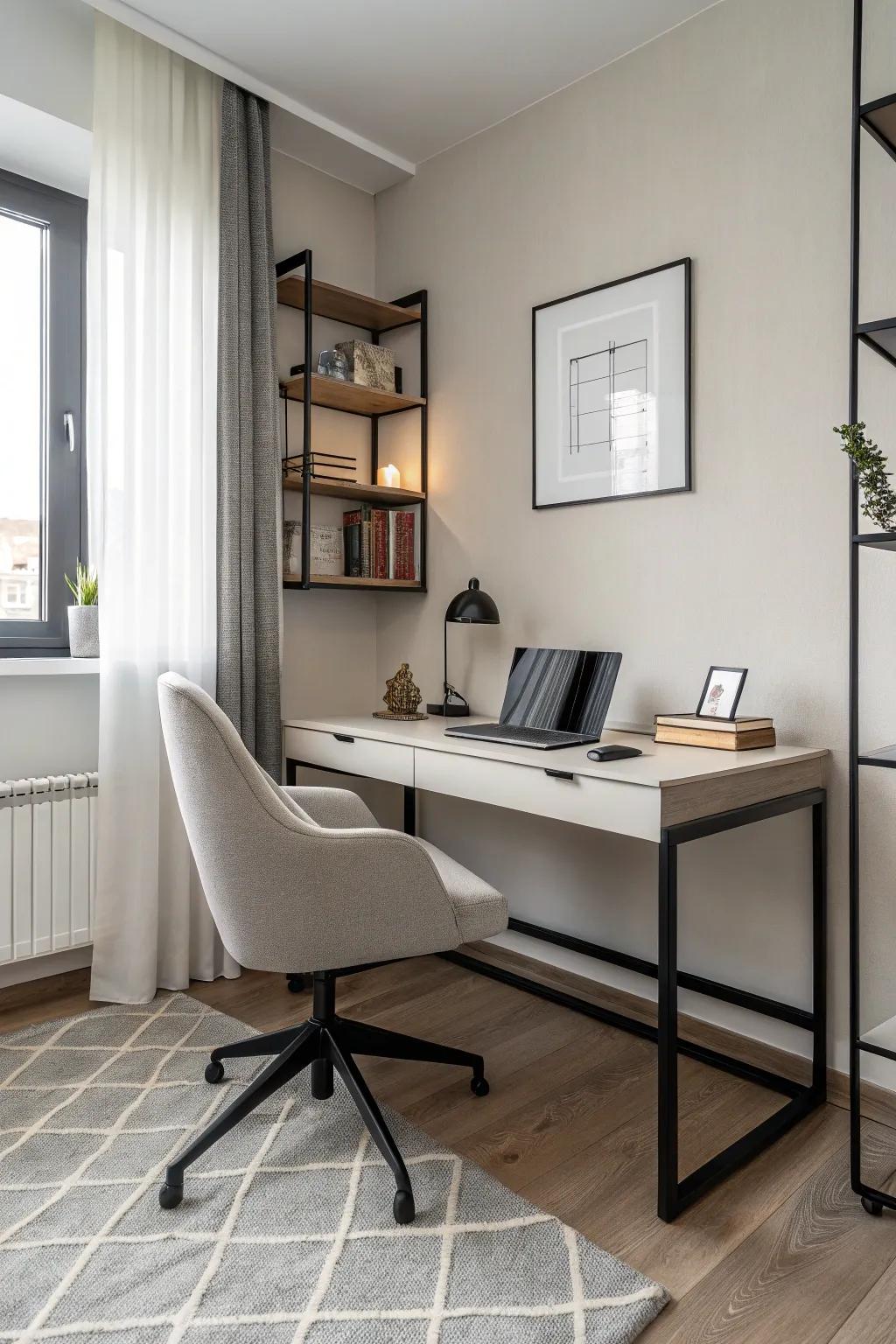 Minimalist furniture embodies simplicity and elegance in this men's home office.