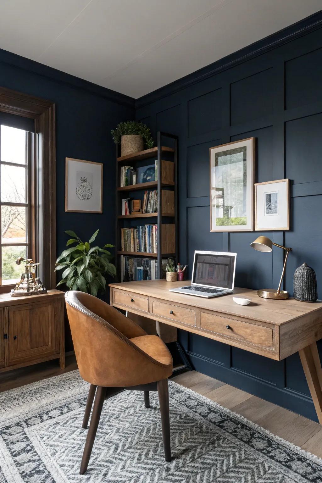 Dark navy walls beautifully complemented by a sleek wooden desk create a serene workspace.