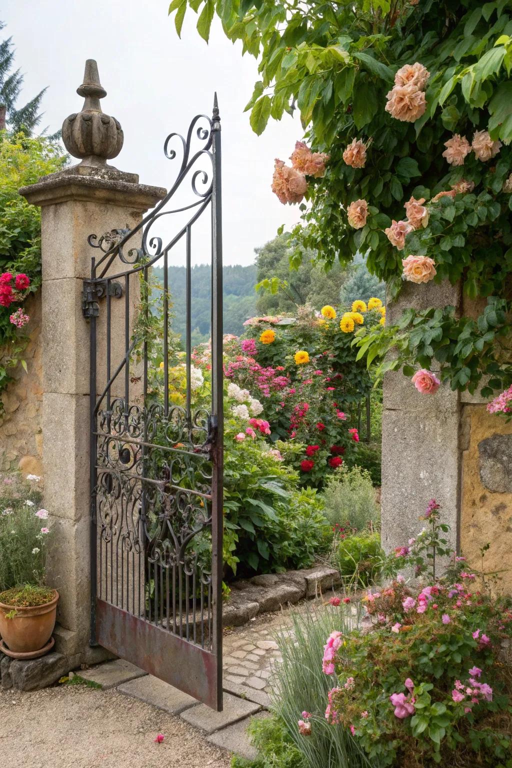 An attractive wrought iron garden gate that invites you into a realm of pure natural beauty.