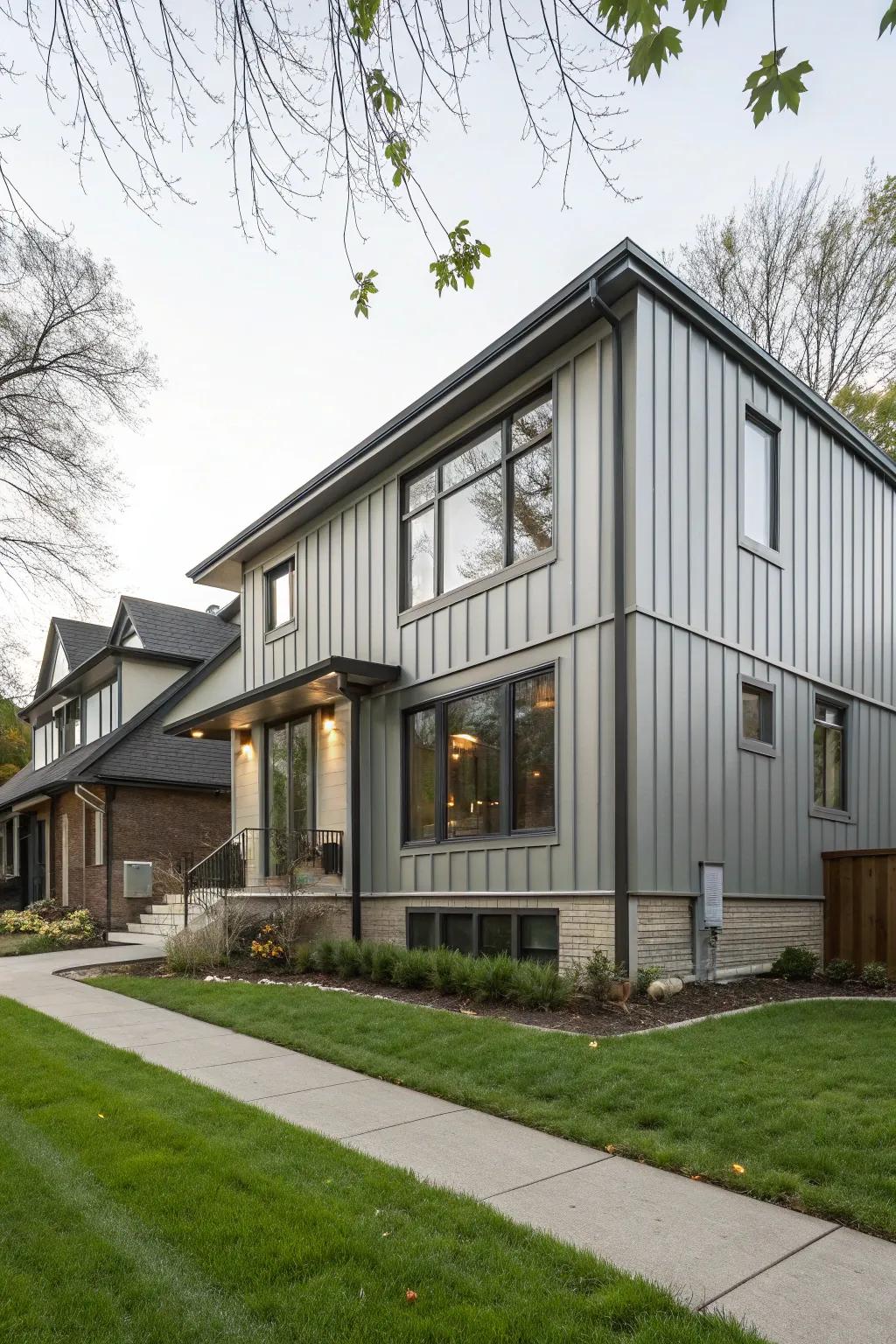 A contemporary residence displaying minimalist metal cladding, which harmonizes wonderfully with its modern architectural style.