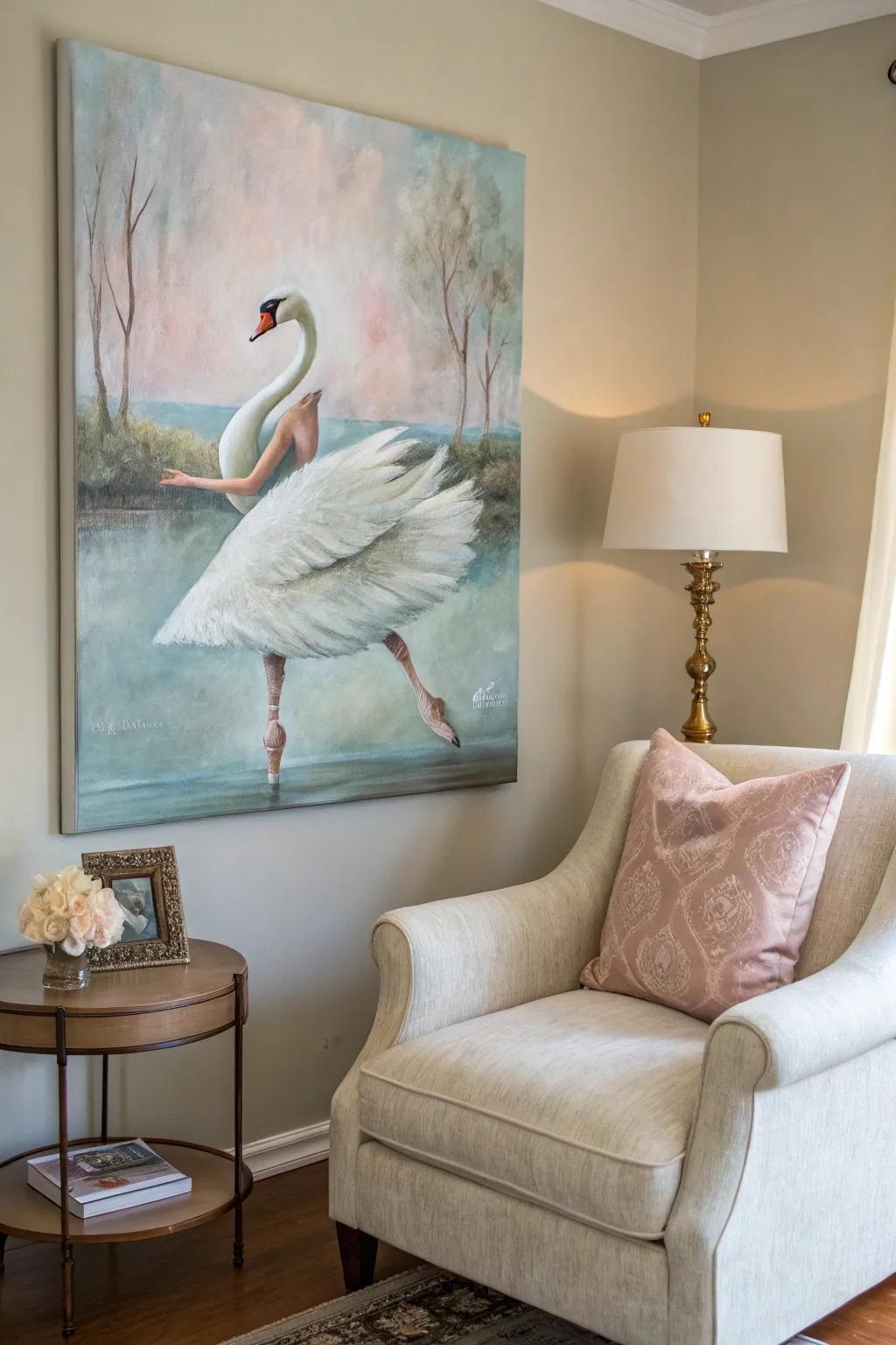 A swan elegantly transitions into a ballerina, bringing grace to any setting.