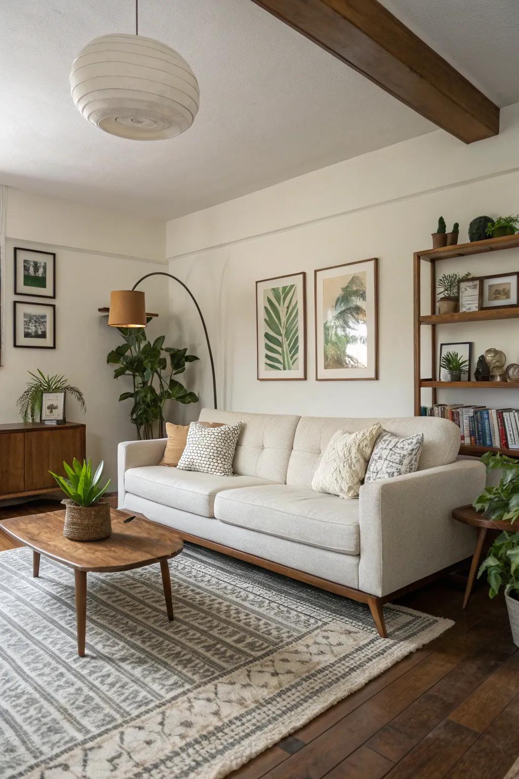 A low-profile sofa helps create an open and breezy vibe in this mid-century modern living room.