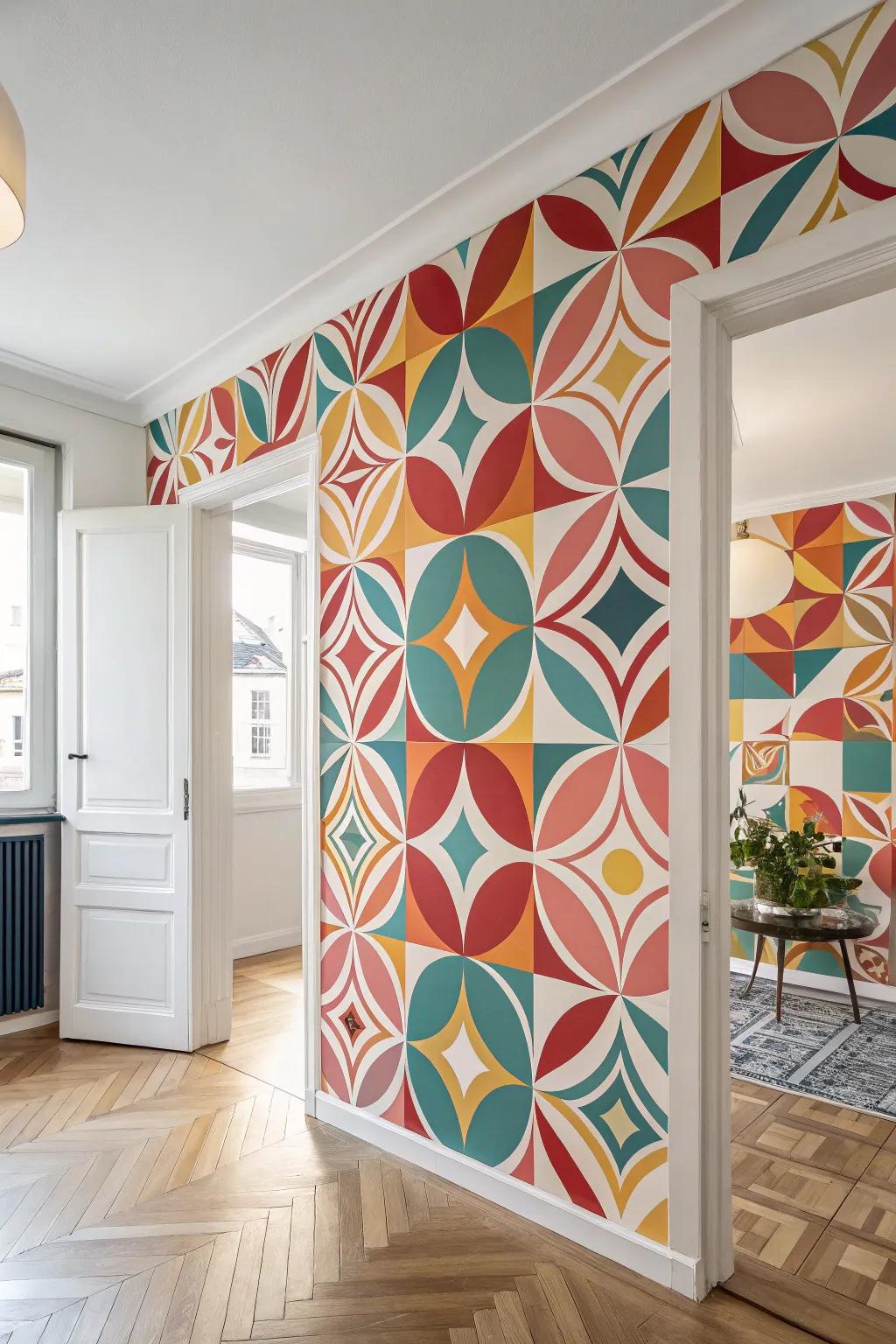 A room showcasing bold geometric mid-century wallpaper with abstract shapes.