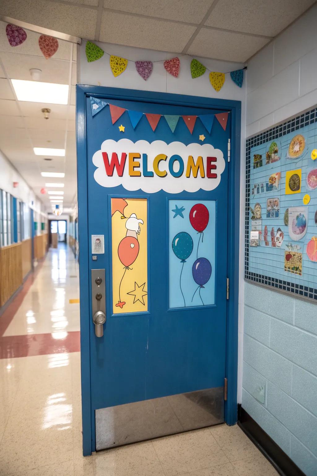 A classroom door ornamented with a welcoming message in bold, radiant letters.