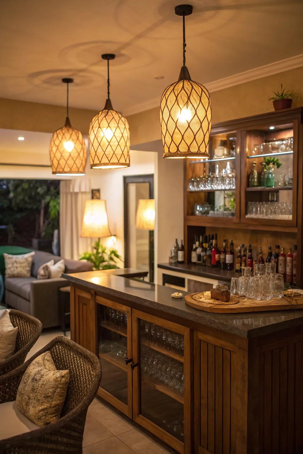 Warm ambient lighting creates a cozy atmosphere in the mini bar.